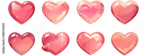 Ocho corazones rosados brillantes, diseño transparente con reflejos, simbolizando amor y afecto.