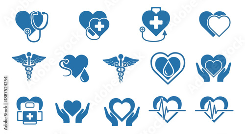 Blue Medical and Healthcare Heart Icons Vector Set