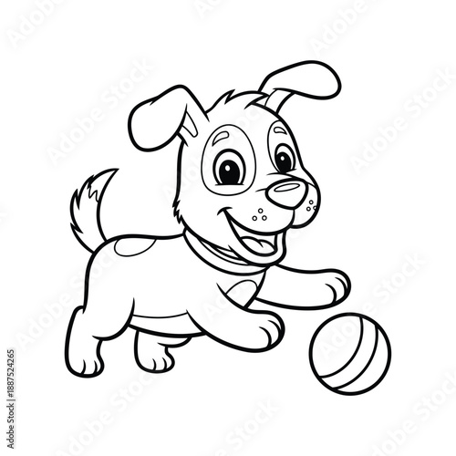 Cute and playful cartoon puppy dog happily chasing a ball, designed as an outline illustration for children's coloring books and engaging activities