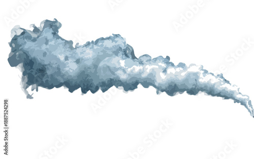 Onda de humo azul y gris con textura de acuarela, aislada sobre fondo blanco transparente.