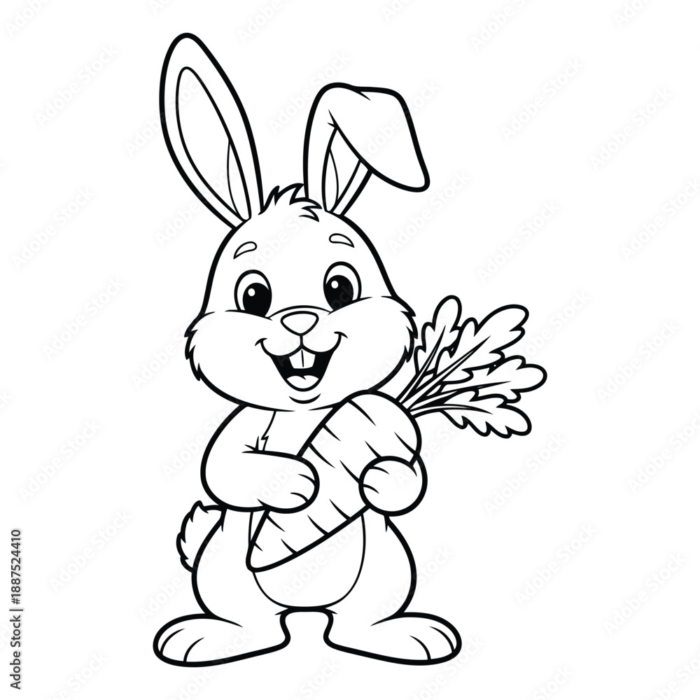 Obraz premium Cute bunny holding a carrot, illustration for coloring pages or Easter celebrations