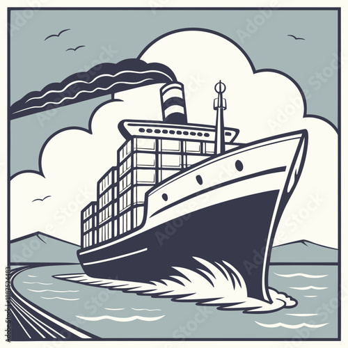 Illustrated steamer ship at sea