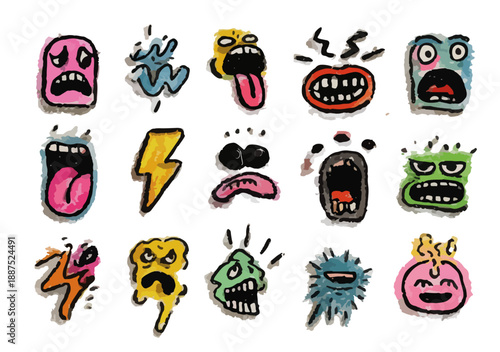 Colección de caras de monstruos divertidos y expresivos con diferentes emociones y colores vibrantes, estilo garabato.