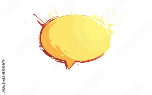 Bocadillo de diálogo amarillo brillante con salpicaduras rojas y rayos de luz, diseño transparente y moderno.
