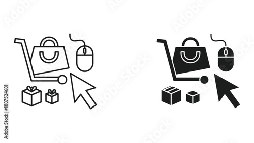 Online shopping cart with gift boxes and computer mouse