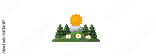 Paisaje natural con sol radiante, árboles verdes, flores blancas y una roca gris sobre fondo transparente.