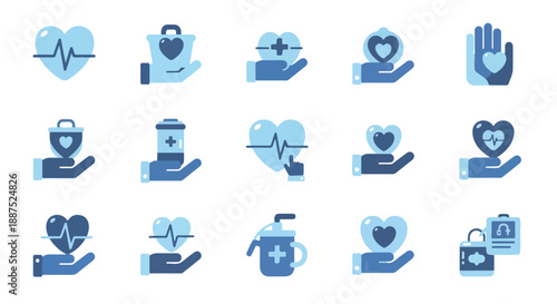 Blue Heart and Hand Medical Healthcare Vector Icon Set