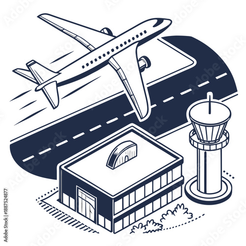 Airport scene with plane taking off