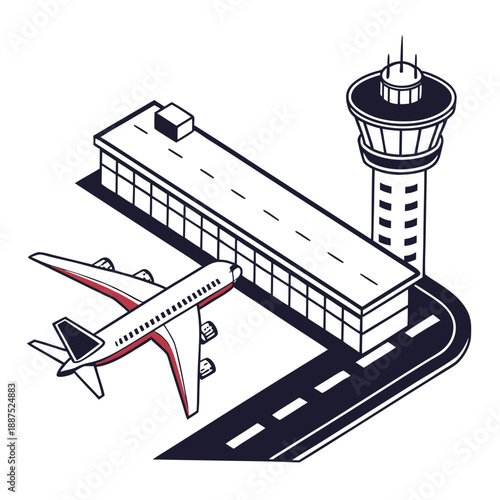 Airport scene with airplane and control tower