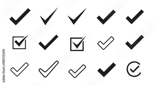 Black Check Mark Vector Icons Set on White Background