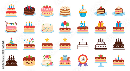 A collection of various colorful and decorated birthday cakes, cupcakes, and slices.