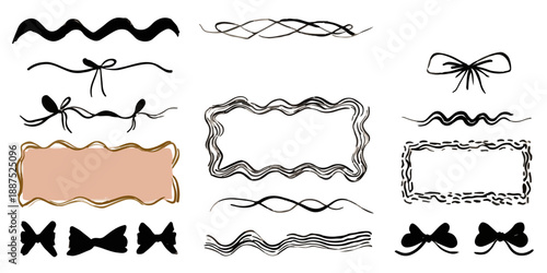Colección de elementos gráficos dibujados a mano: lazos, marcos y líneas onduladas, diseño transparente para proyectos creativos.