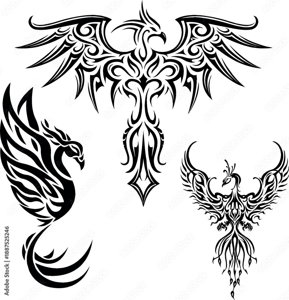 Obraz premium Mythical Tribal Phoenix Firebird Tattoo Flash and Flame Symbols