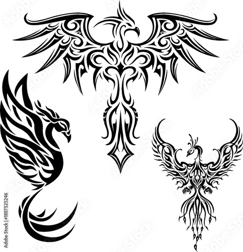 Mythical Tribal Phoenix Firebird Tattoo Flash and Flame Symbols
