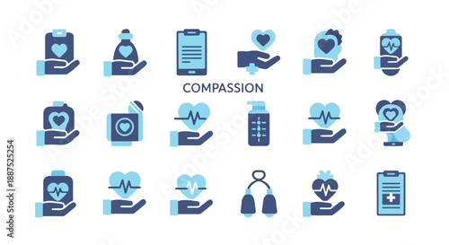 Blue and Dark Blue Compassion and Healthcare Vector Icon Set