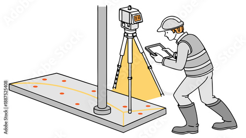 Surveyor using a 3D laser scanner to measure a concrete platform and column on a construction site, 