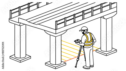 A structural engineer uses a smart pole to scan the concrete. Construction surveyor under concrete bridge, Line art illustration, 