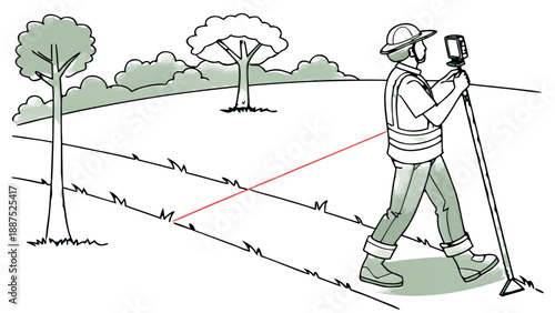 A line art illustration of a surveyor using a total station in a grassy field, with a red line indicating the measurement path. 