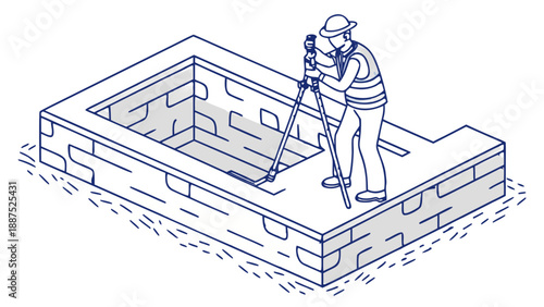 A line art illustration of a surveyor using a total station inside a foundation pit with block walls, A surveyor stands at the edge.  