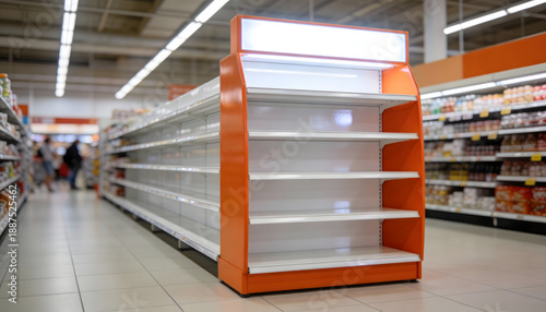 Modern Empty Retail Shelving Units and Orange Endcap Displays in a Supermarket Aisle