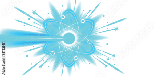 Energetic blue glowing atom structure with radiating light beams and particles vector illustration