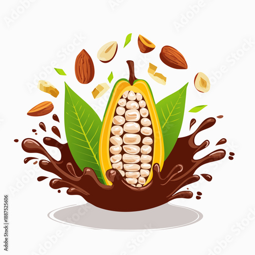 Stunning depiction of cocoa pod bursting open with seeds surrounded by dynamic splash of melted chocolate and flying shavings