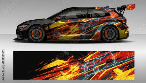 Sporty black car with a dynamic fire and lightning graphic wrap design, displayed with the full decal strip.