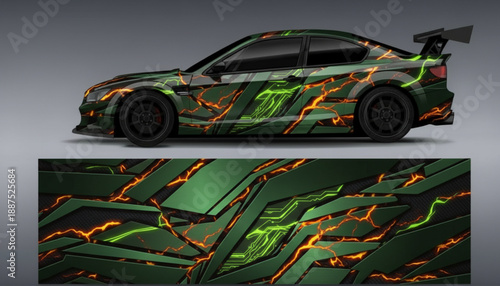 Sporty car with a vibrant green and orange abstract geometric wrap design, showcasing a dynamic vehicle graphic.