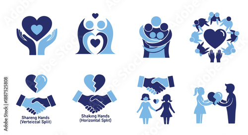 Blue and White Vector Icons of Love, Support, and Partnership