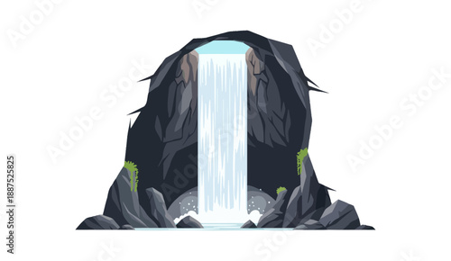 Hidden waterfall inside a dark mountain cave vector illustration.