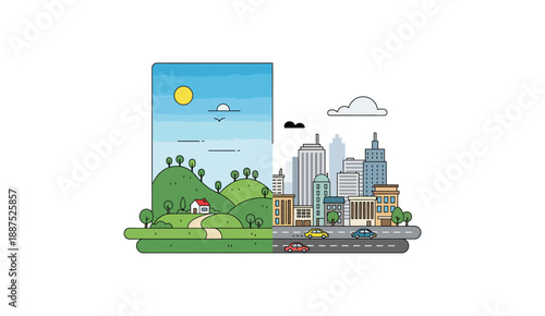 Rural landscape versus urban city life flat illustration.