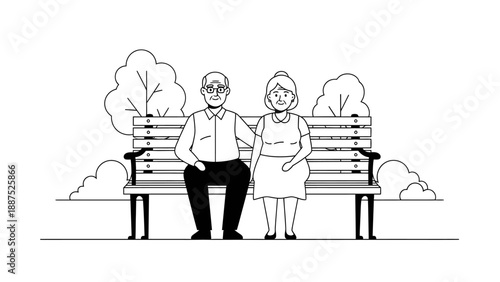 Senior couple sitting on a park bench line art illustration.
