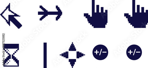 Pixel style computer cursor icons set with arrows hand pointers hourglass resize zoom and navigation symbols vector illustration