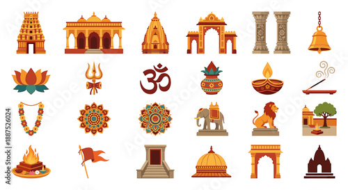 Collection of Hindu religious symbols and architectural elements, including temples, deities, and offerings, arranged on a white background.
