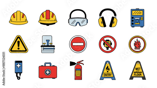 Occupational health and safety equipment icons set for industrial work.
