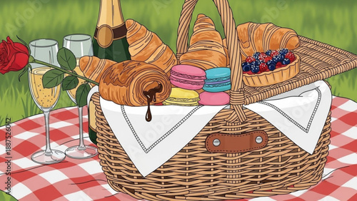 Wicker picnic basket overflowing with croissants macarons fruit tart and champagne set on a checkered blanket with a rose and wine glasses