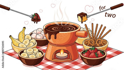 Chocolate fondue for two with strawberries bananas marshmallows pretzels and cake perfect for a romantic dessert or party