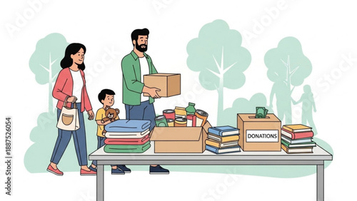 Family donating items for charity collecting donations for a good cause illustration for social support and community help