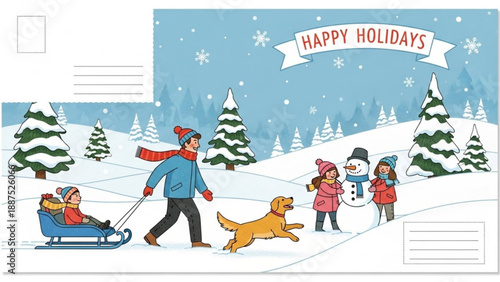 Happy Holidays postcard illustration family and dog enjoying winter snow building snowman sledding festive season greeting card design