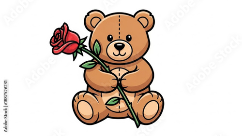 Cute teddy bear holding a red rose sweet illustration for Valentines Day love and romance concept isolated on white