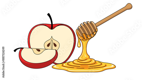 Fresh red apple slices with dripping honey and wooden dipper.