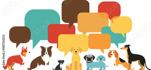 Cute dog characters with colorful speech bubbles set for pet communication social media concept and playful vector illustration