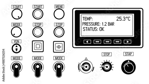 Industrial control panel interface with buttons and digital display vector.
