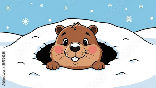 Cute groundhog peeking out of snow burrow on Groundhog Day cartoon illustration for winter celebration and weather prediction concept
