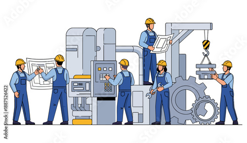 Industrial factory workers team working with heavy machinery vector illustration.