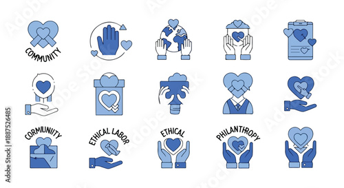 Blue Community and Philanthropy Line Icon Set