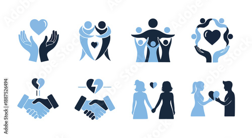 Blue and Dark Blue Vector Icons of Love, Care, and Relationship Concepts