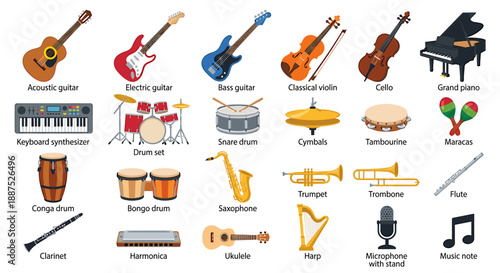 A collection of various musical instruments, arranged in a colorful and organized display.
