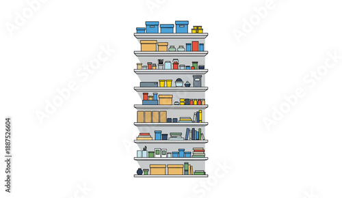 Organized Storage Shelves with Boxes and Supplies - Flat Illustration.
