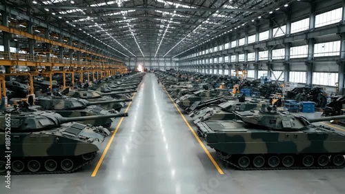 Military Tank Assembly Line in Warehouse - The video showcases a vast assembly warehouse filled with rows of military tanks.